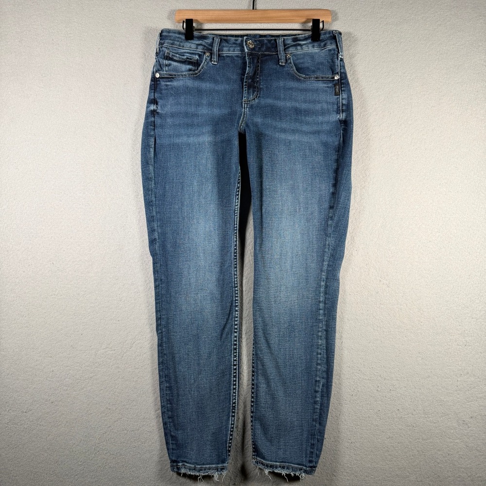 Silver Jeans Co Suki Skinny Blue Denim Mid Rise Frayed Hem W32 L29 L93136EDK358